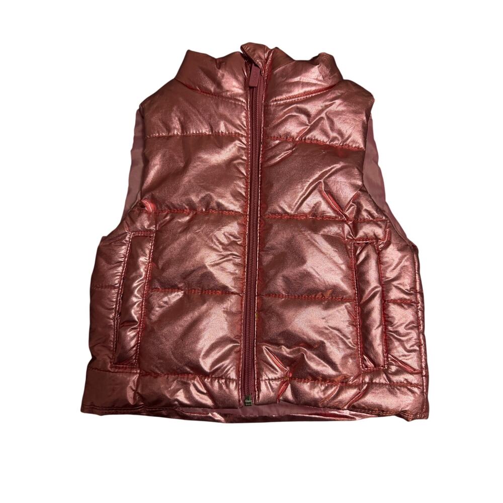 DKNY Girl's Puffer Vest Toddler 2T Pink Rose Gold Shiny Lined Zip Up Pockets